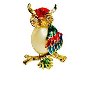 Vintage Colorful Gold Tone Jelly Belly Owl Brooch